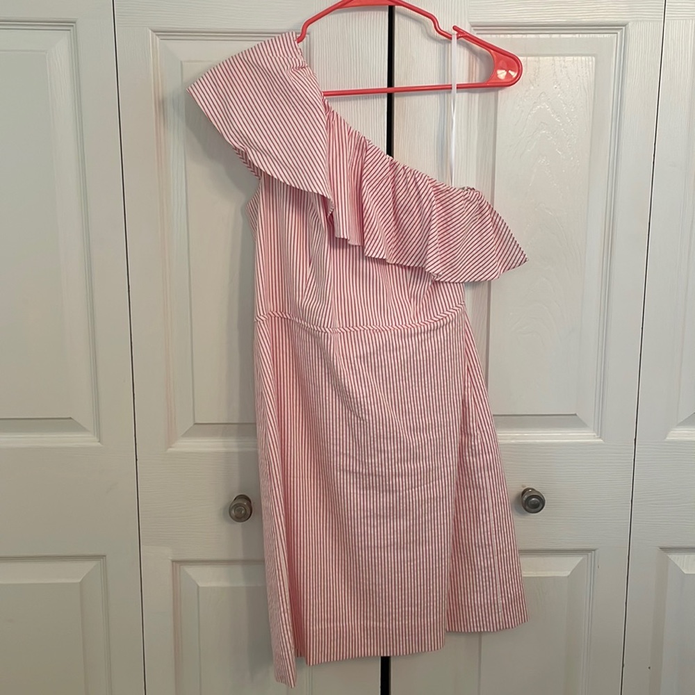 J Crew One Shoulder Pink Seersucker Dress